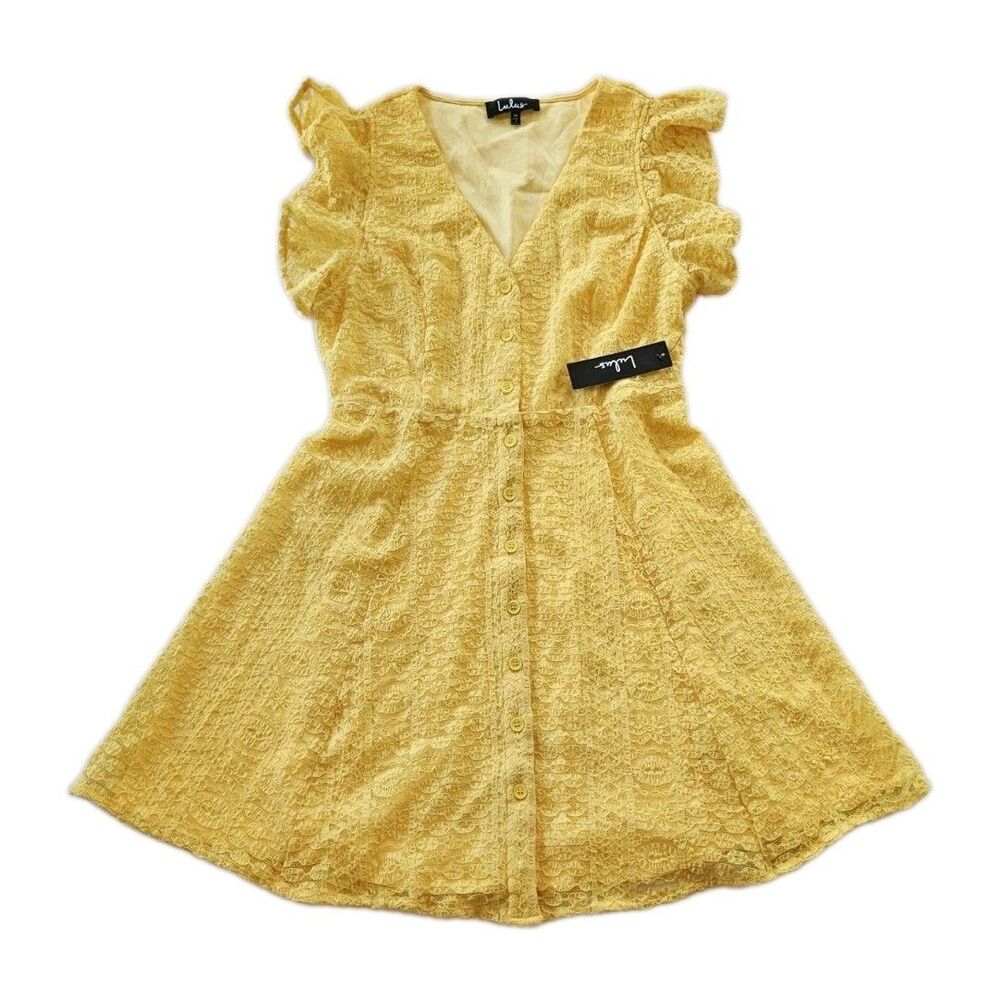 Lulus Womens Athena yellow lace skater button down Mini Dress embroidery Size M - Picture 5 of 9